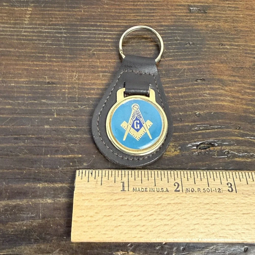 Masonic Freemason‎ Leather Key Fob Keychain Keyring Blue Gold Emblem Fraternal